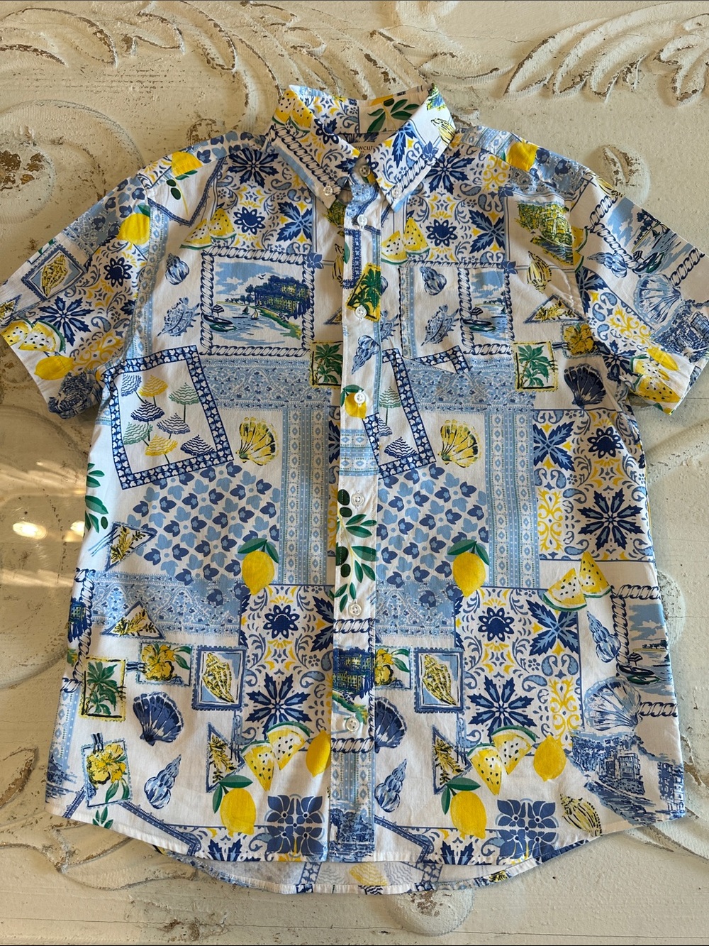 Crewcuts Blue & Yellow Lemon Print Short Sleeve Button-Down Shirt- 14